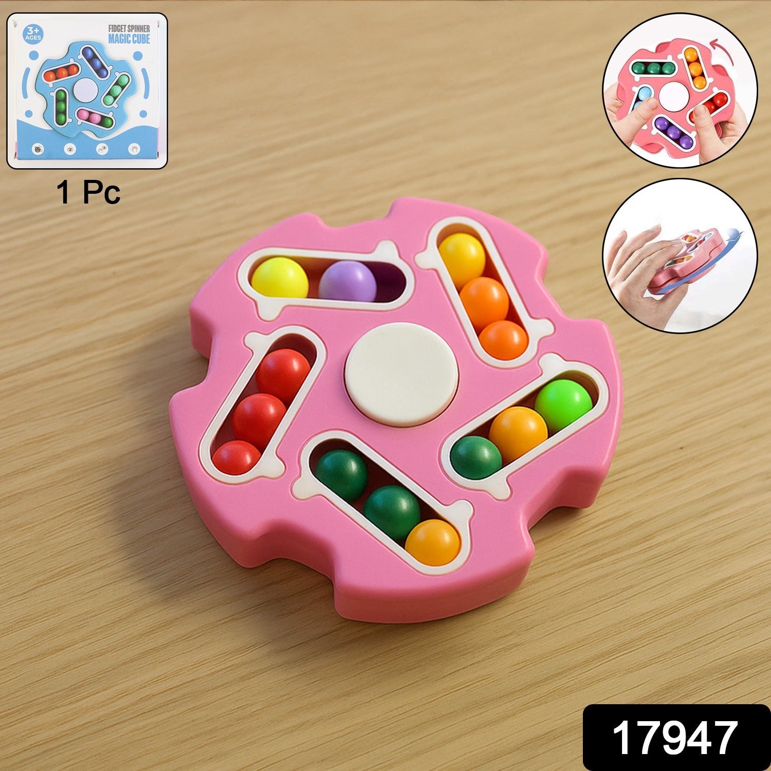 Multi-angle view of Fidget Magic Cube Spinner Toy with spinning center and bead tracks.