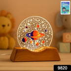 Close-up of glowing 3D creative visualization LED lamp on wooden base