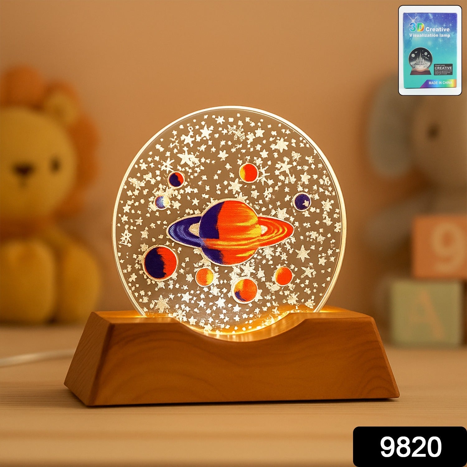 Close-up of glowing 3D creative visualization LED lamp on wooden base