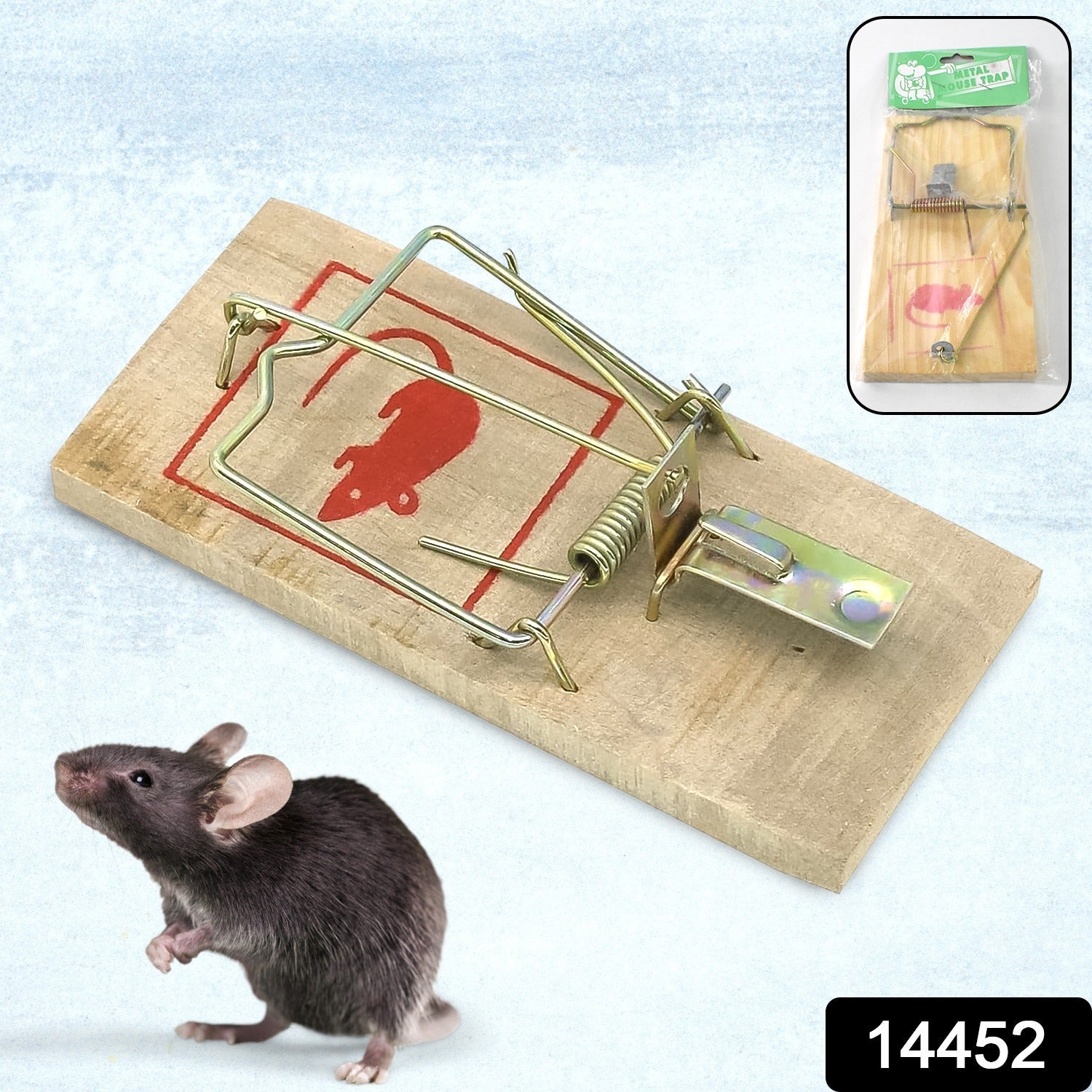Classic wooden mouse trap set with bait for pest control