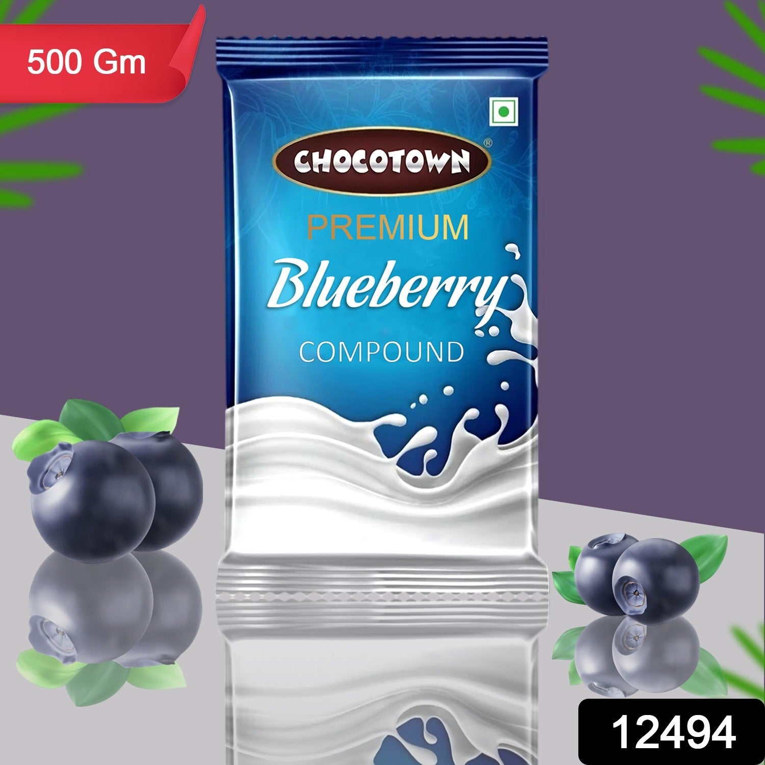 Close-up of a smooth Chocotown Blueberry Compound Chocolate slab