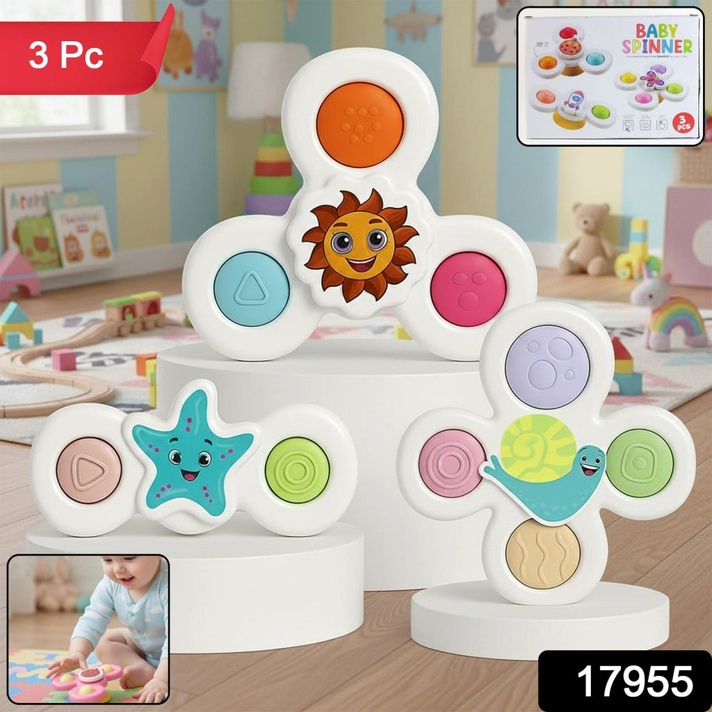 Three-piece white baby spinner toy set for sensory play and motor development