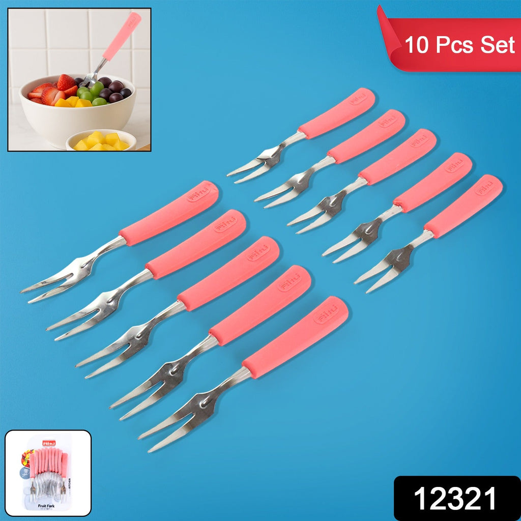 Pink-handled stainless steel mini fruit forks arranged on a platter
