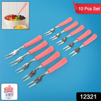 Pink-handled stainless steel mini fruit forks arranged on a platter