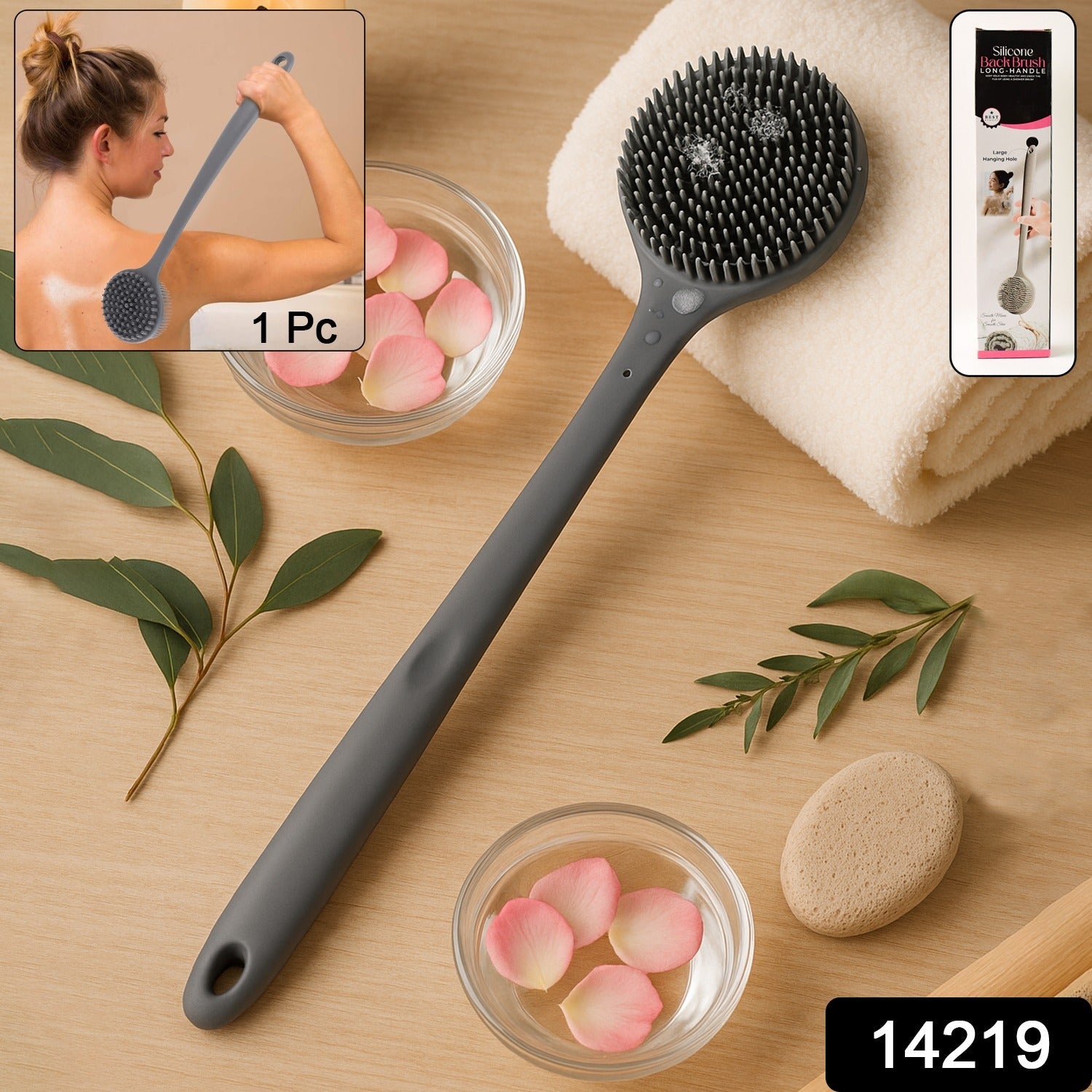 Ergonomic grip silicone back scrubber brush with soft bristles and long handle