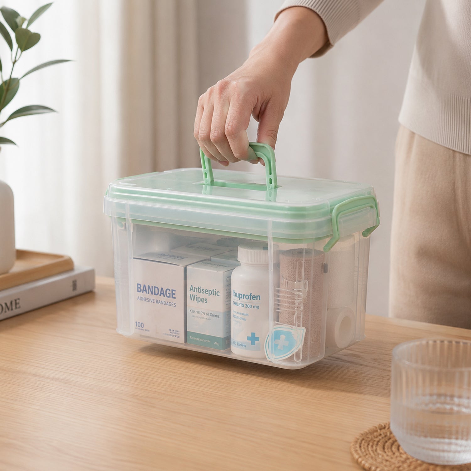 Portable first aid medicine box with ergonomic handle