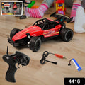 High-speed remote control racing car in bold red with off-road tires