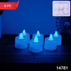 Set of 6 Blue LED Tea Light Candles in container, emitting blue light