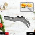 Stainless steel watermelon slicer effortlessly cuts melon slices.