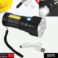 A powerful Rechargeable Torch Light with 4 LEDs and COB sidelight, ideal for camping adventures.