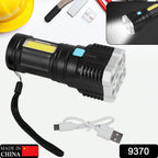 A powerful Rechargeable Torch Light with 4 LEDs and COB sidelight, ideal for camping adventures.