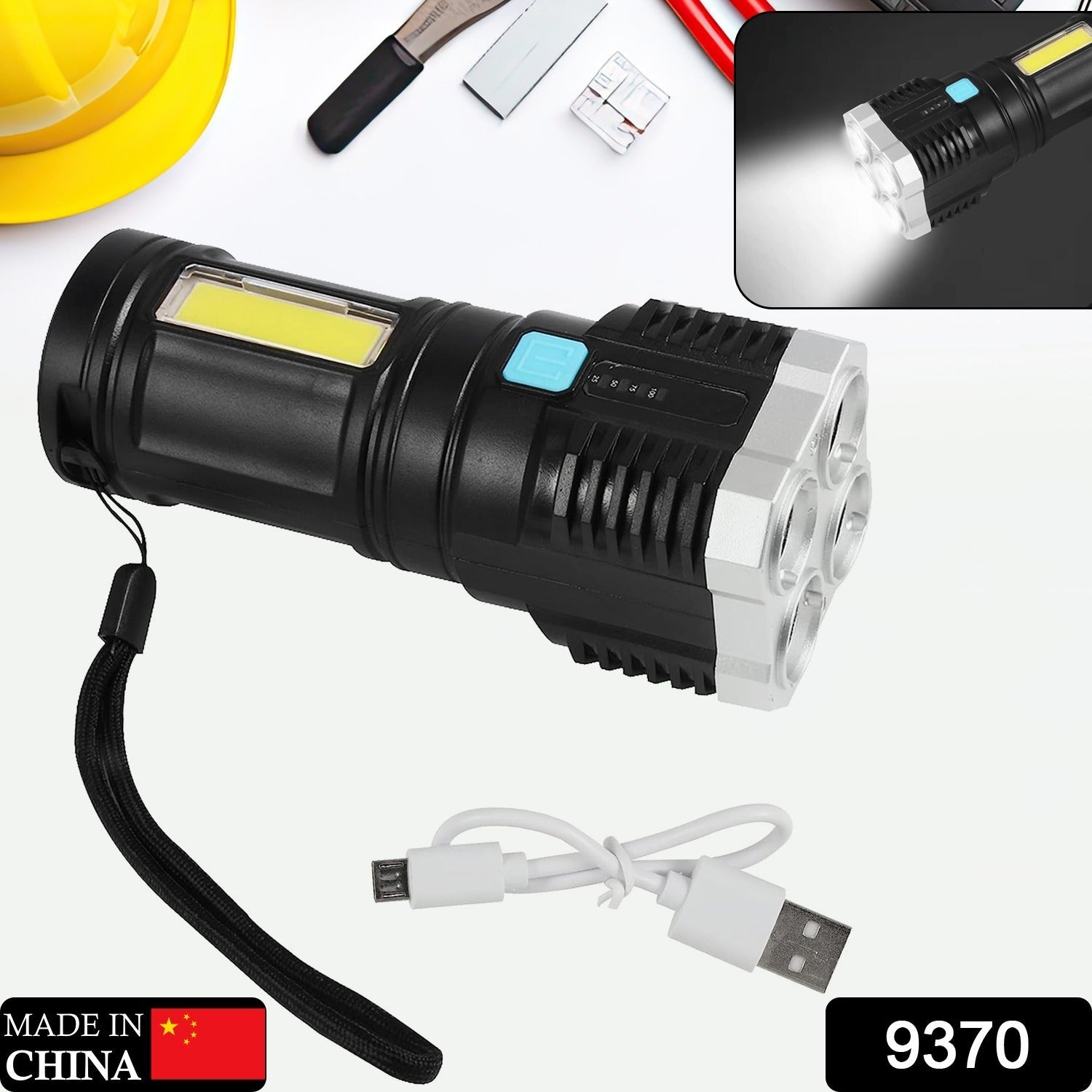 A powerful Rechargeable Torch Light with 4 LEDs and COB sidelight, ideal for camping adventures.