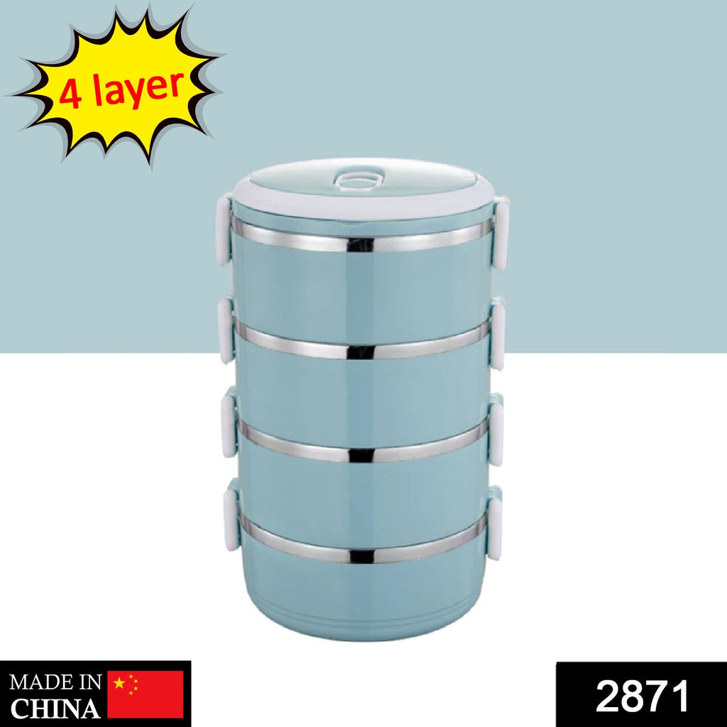 Durable stainless steel tiffin box with four compartments.