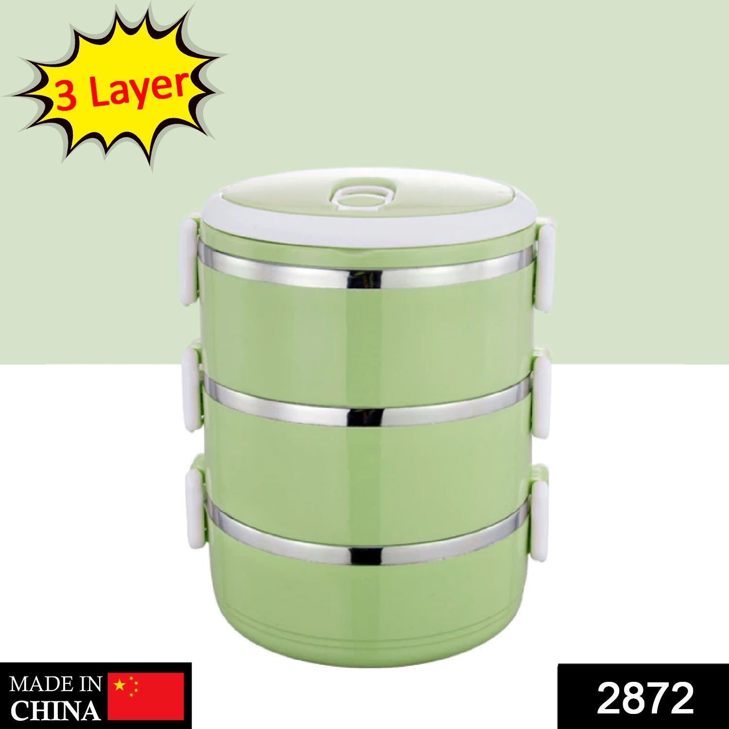 Multi-layered hot lunch box with secure clasps for easy carrying.