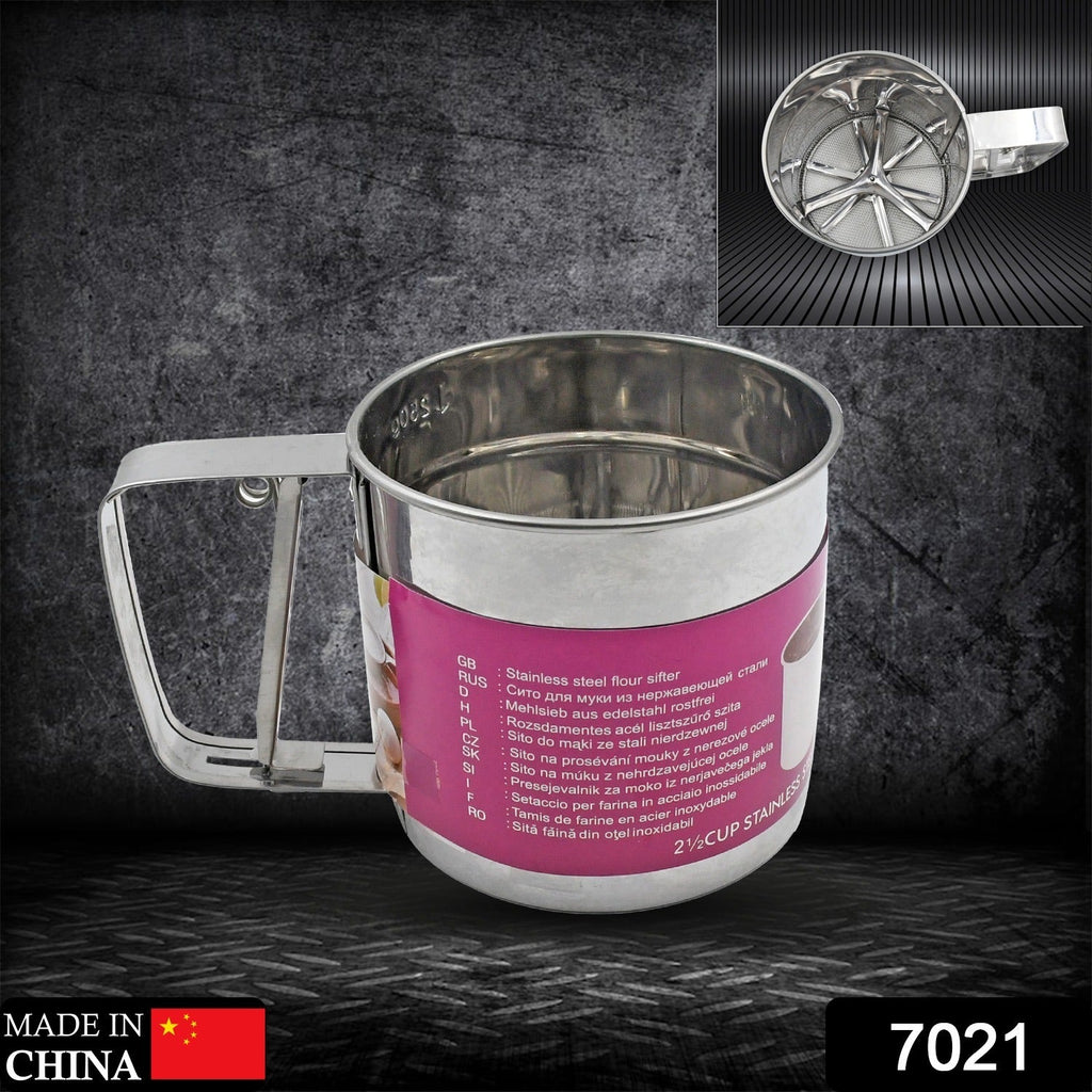 Ergonomic handheld flour sifter with clear measuring marks for precise baking.