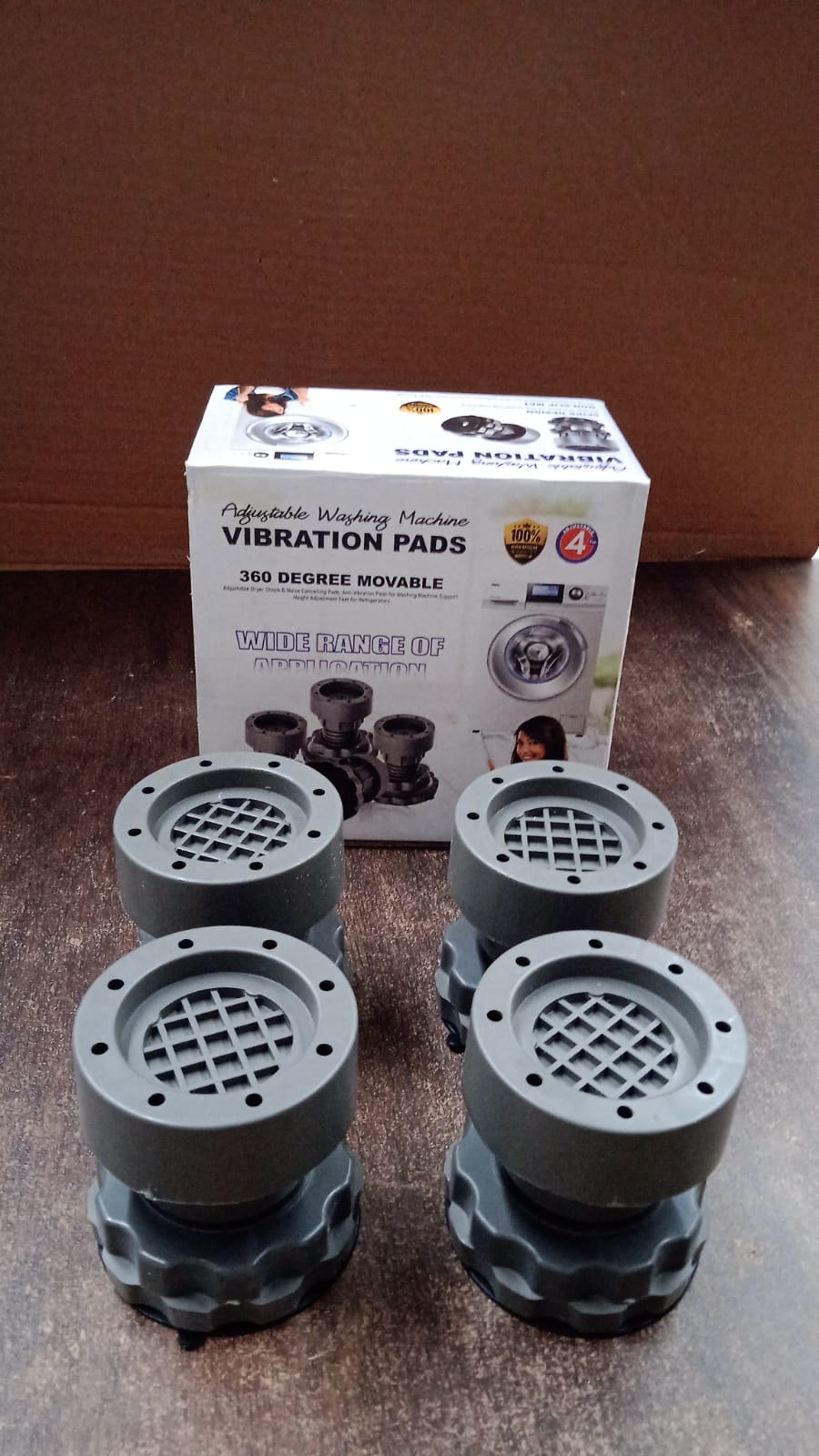 Four-piece adjustable anti-vibration pad set for stabilizing heavy appliances