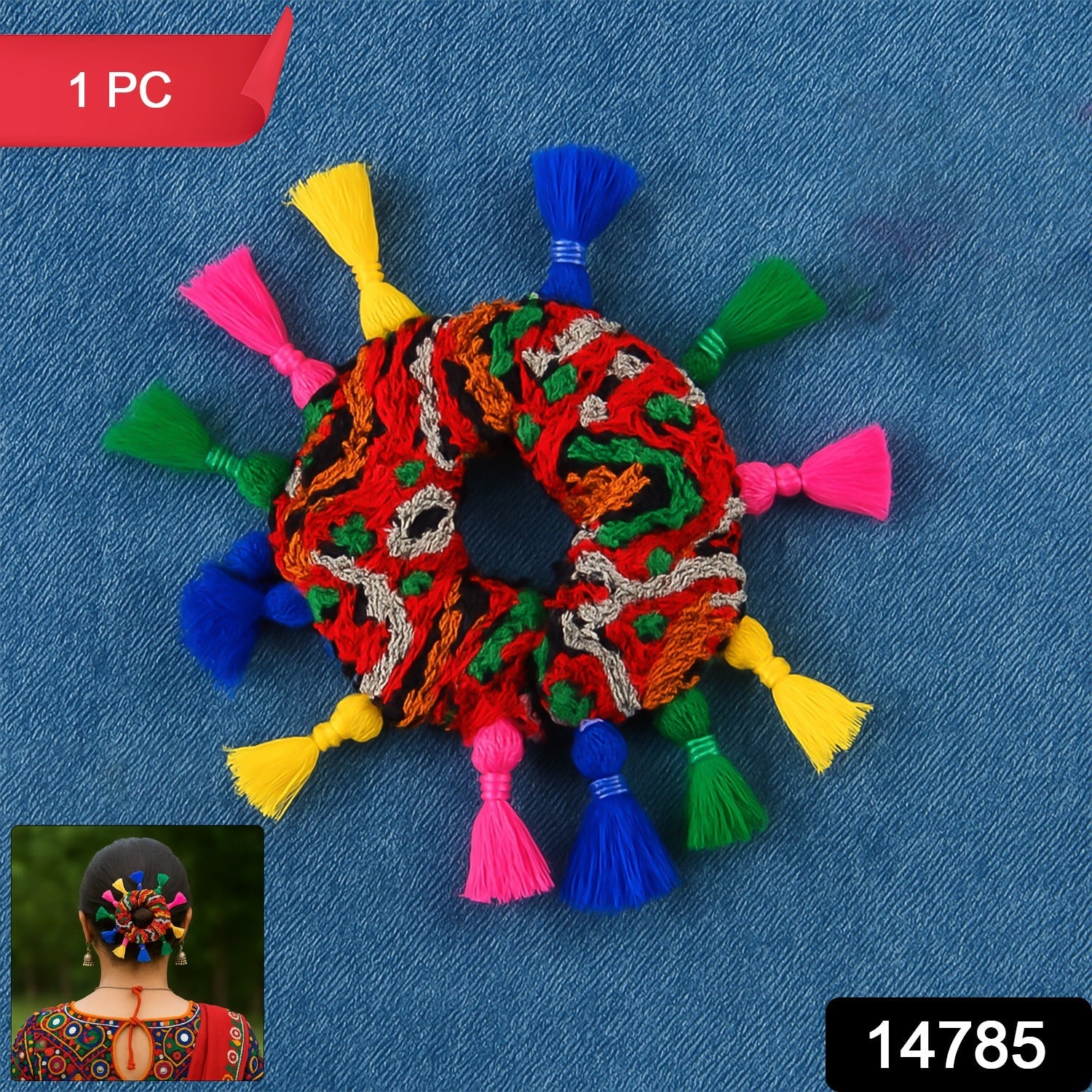 Traditional multicolor Navratri Hair Bun Juda hair accessory with bright tassels