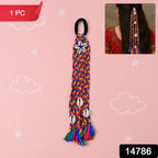 Braided hair accessory styled in vibrant colors with shell bead details
