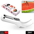 Ergonomic stainless steel watermelon cutter in action, making clean slices.
