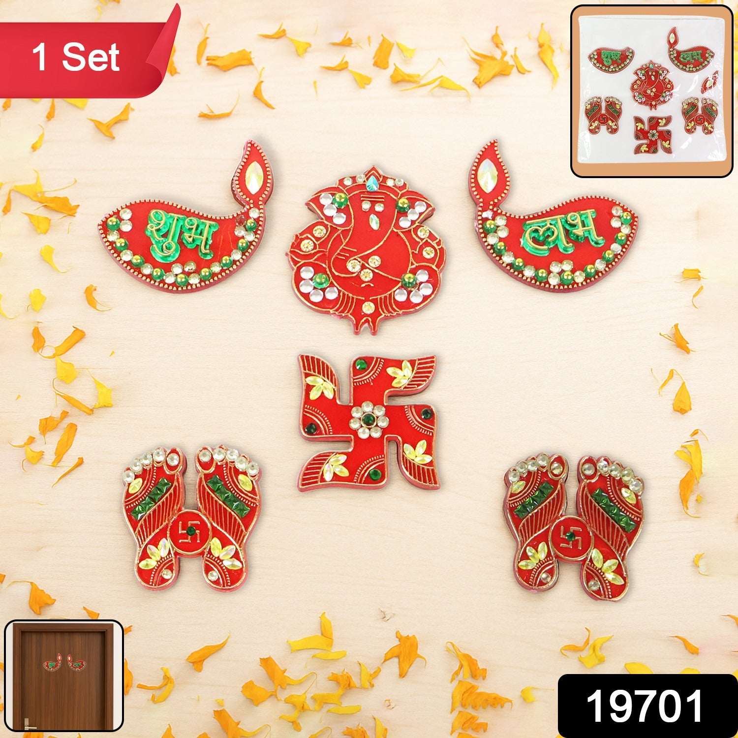 Vibrantly colored six-piece Shubh Labh door hanging set ready for festival decor