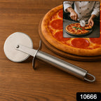 Pizza cutter slicing fresh pizza with sharp rotary blade