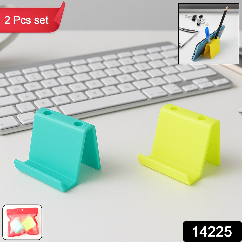 Compact mobile phone stand holding smartphone with pen holder slots filled
