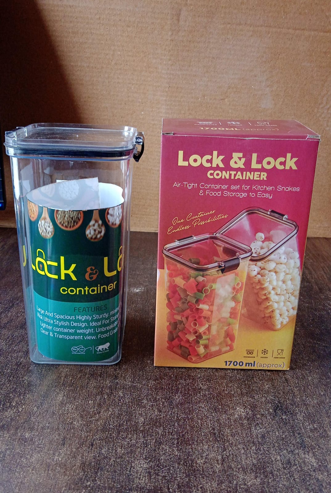 Empty 1700 ML airtight plastic storage container with black clip-lock lid