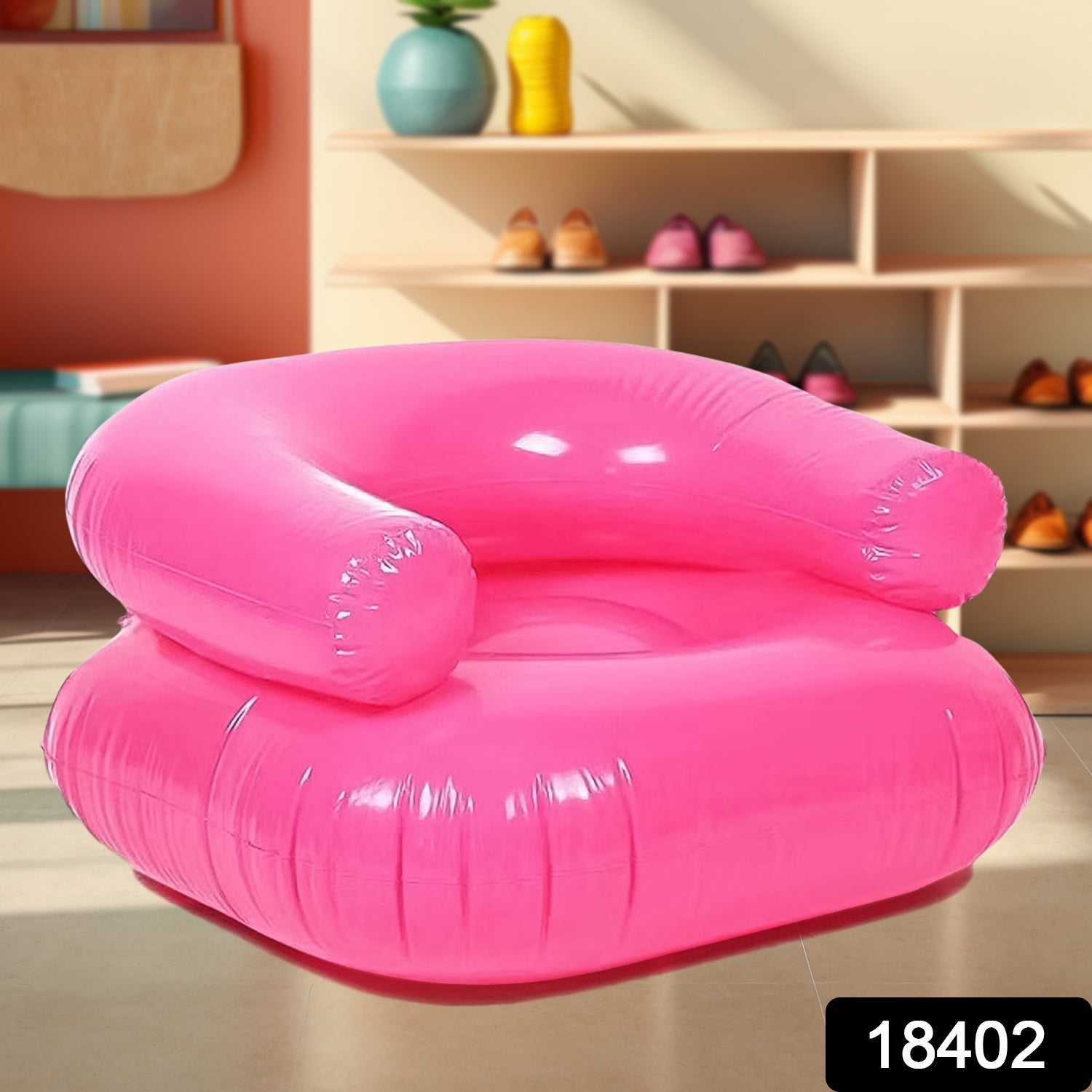 Blue inflatable kids sofa chair with armrests for comfortable seating.