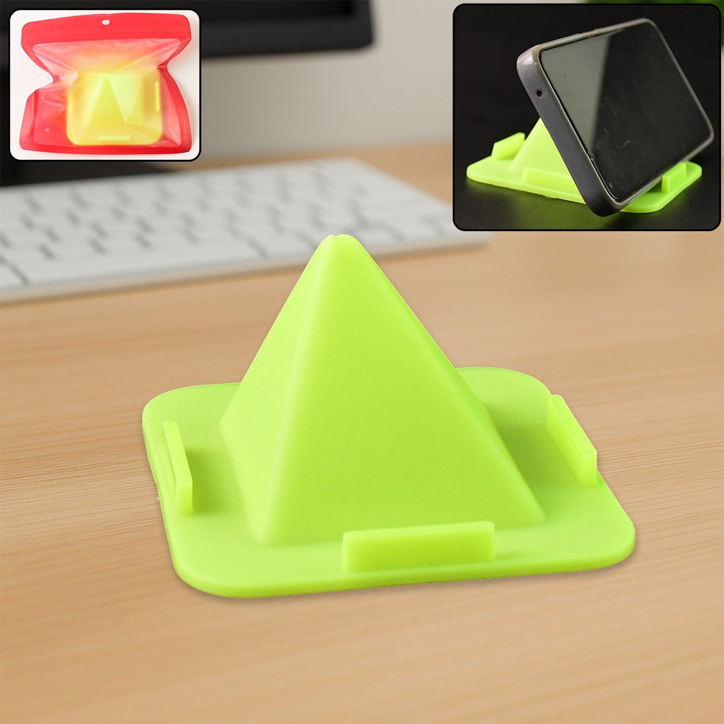 Durable pyramid mobile stand on desk holding smartphone securely