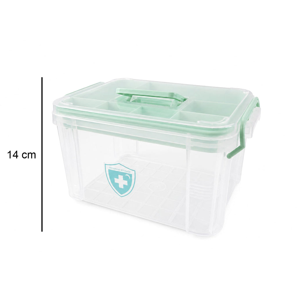 Side view of portable plastic medicine organizer