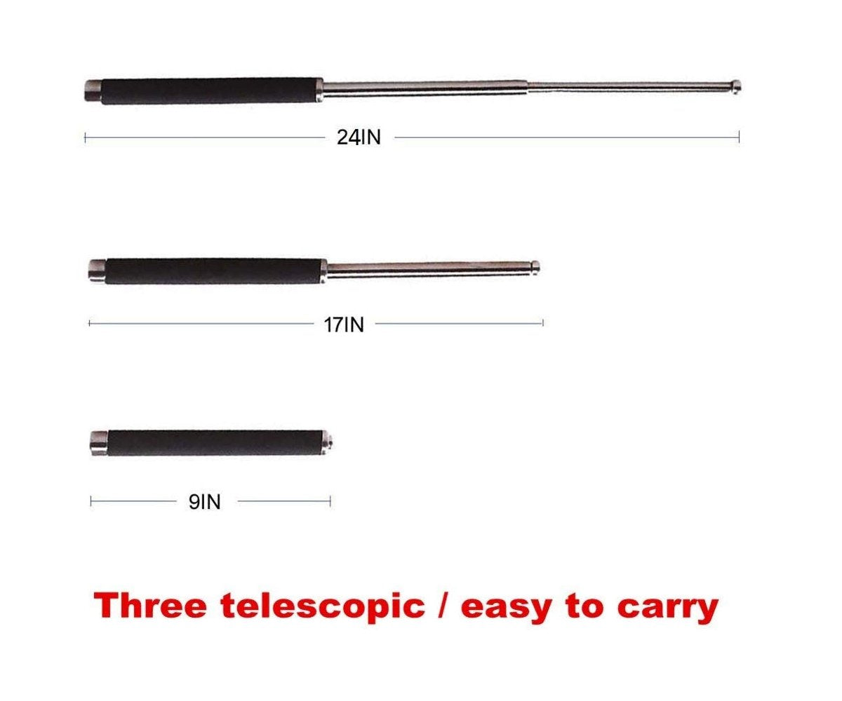 The multi-function collapsible self-defense stick ready for use.