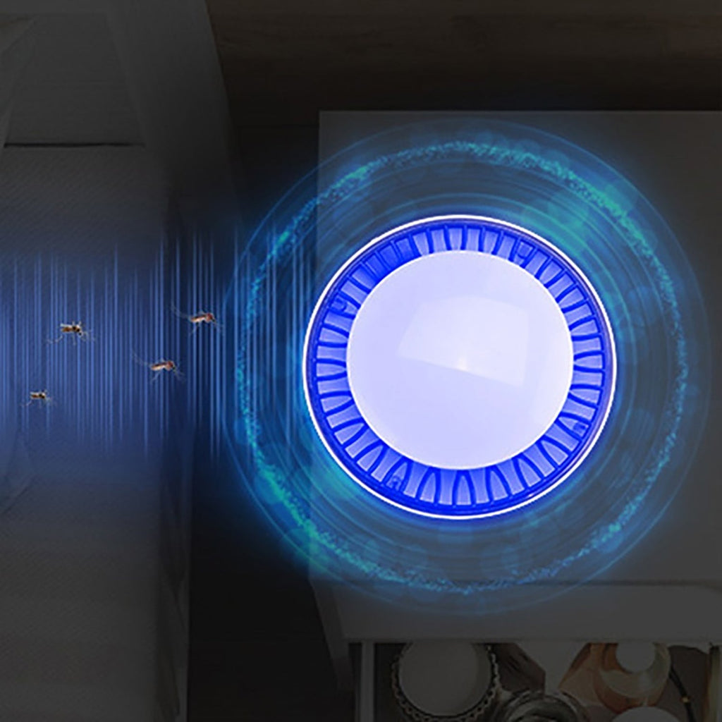A FlyTamer mosquito killer lamp demonstrating its chemical-free operation, safe for families and pets.