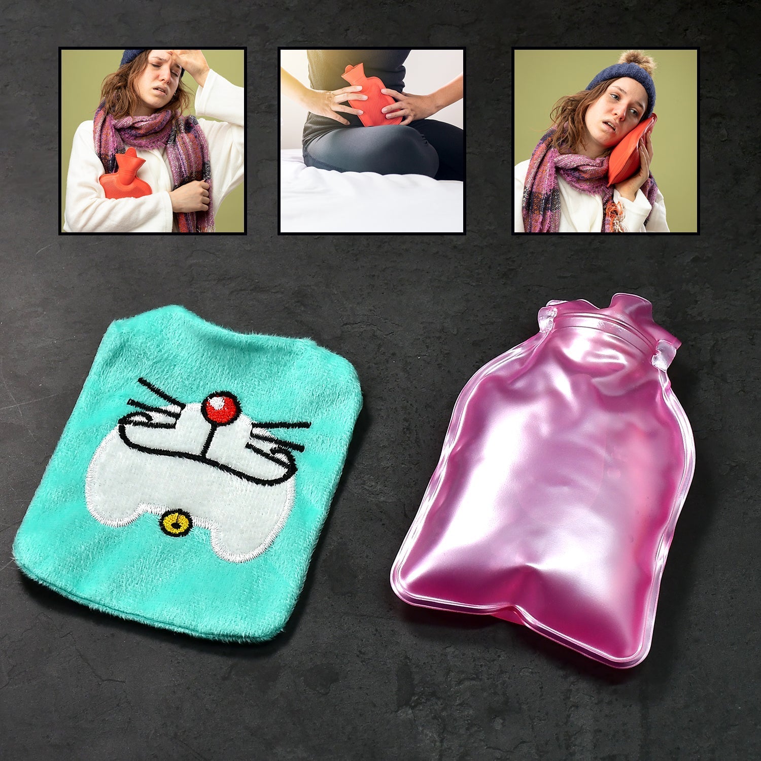 Doremon hot water bag being applied to a shoulder for muscle soreness relief.