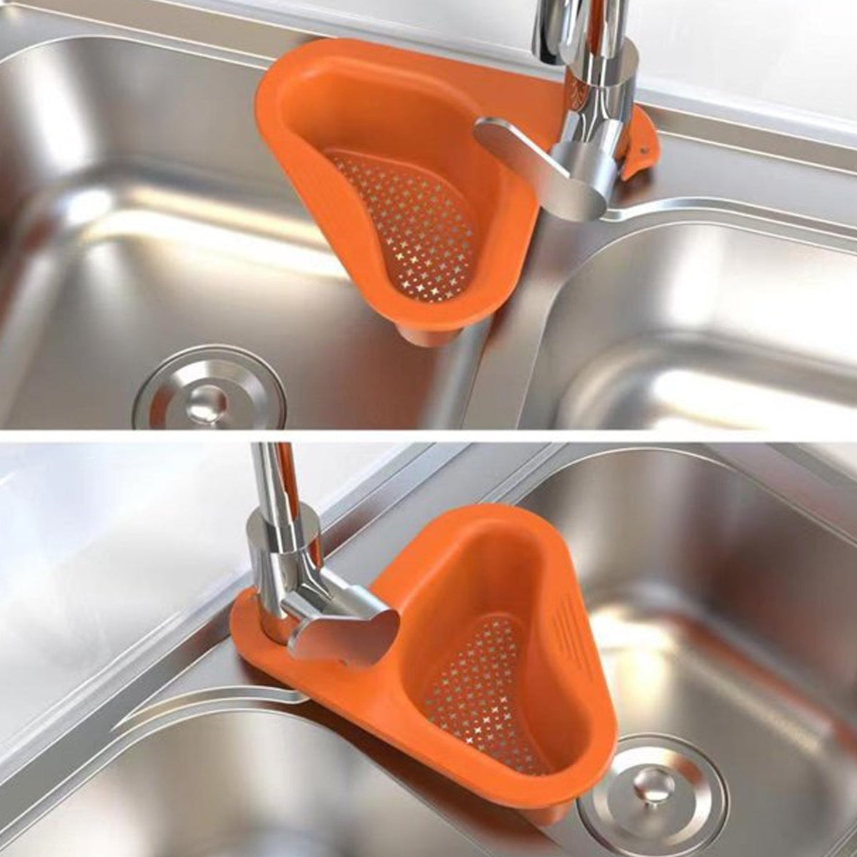 Elegant swan-shaped drain strainer in a kitchen sink, preventing food waste clogs.