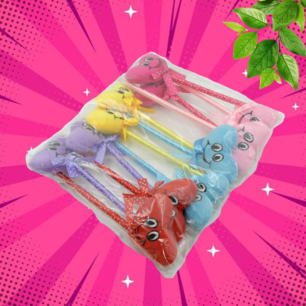 Detailed view of individual cartoon and heart design pens, showcasing their rattles.
