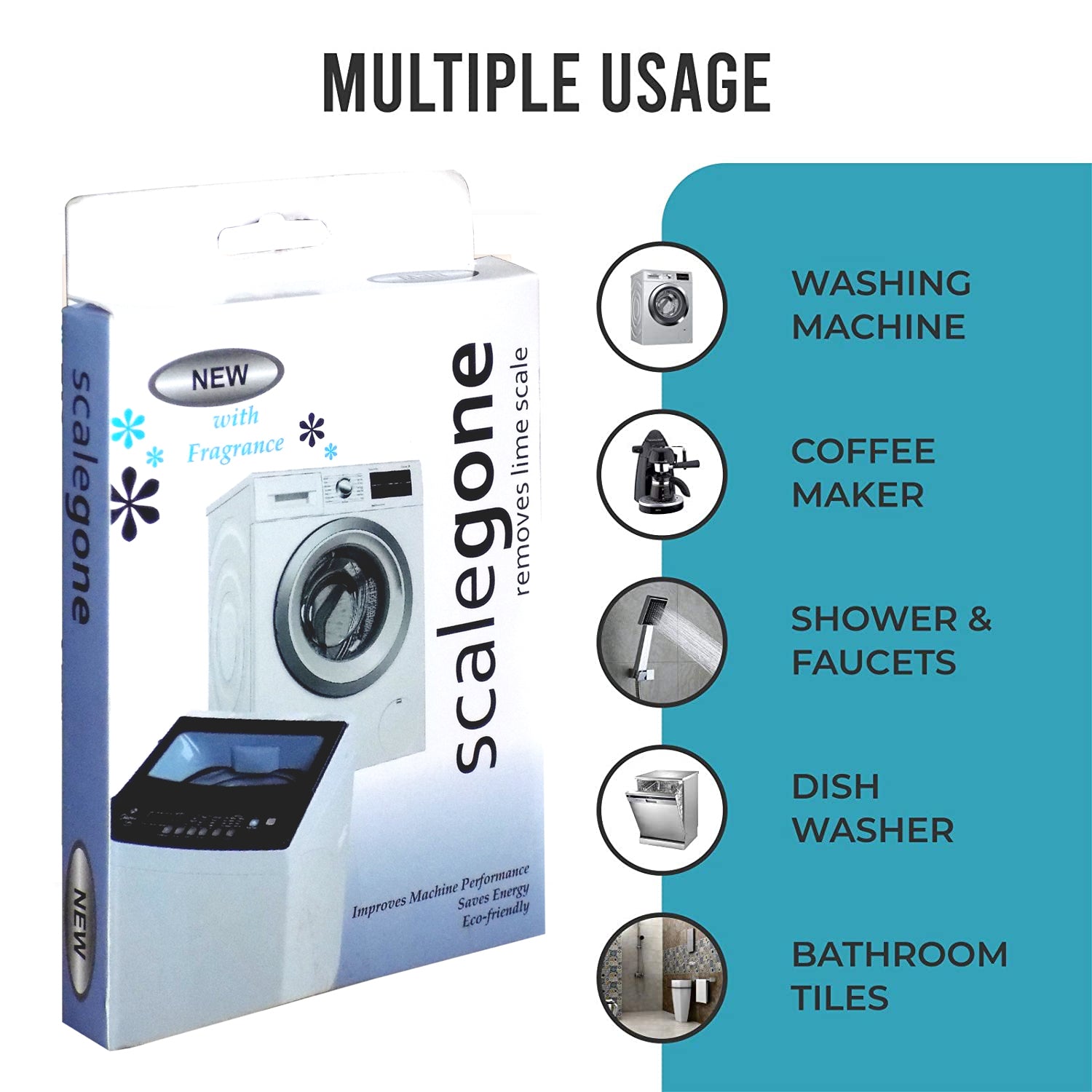 Close-up of Storenzo Washing Machine Descaler powder, highlighting its limescale remover power.