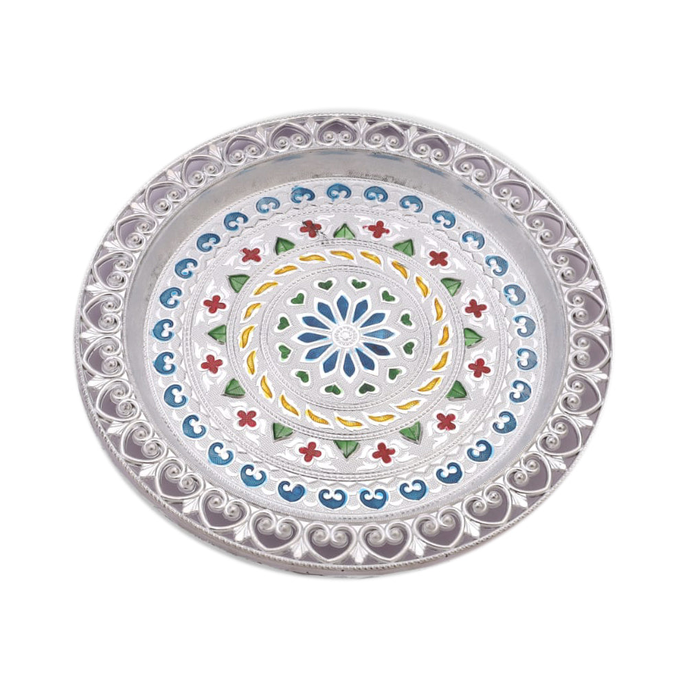 Beautifully crafted silver plated thali, ready for your sacred offerings.