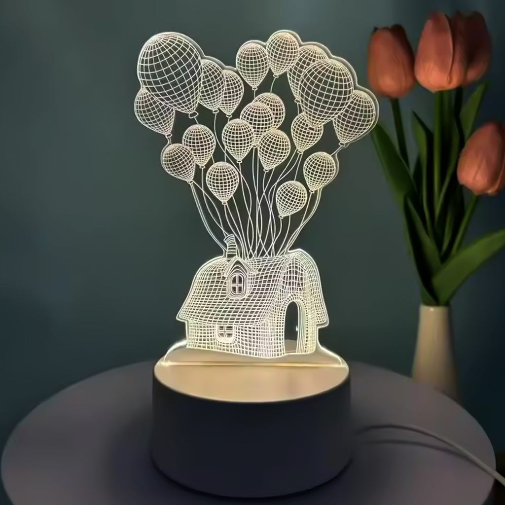 3D Illusion LED Night Lamp with house and balloons design on wooden table