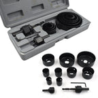Hole saw kit with 12 pieces, displaying the 19-64mm diameter range for versatility.