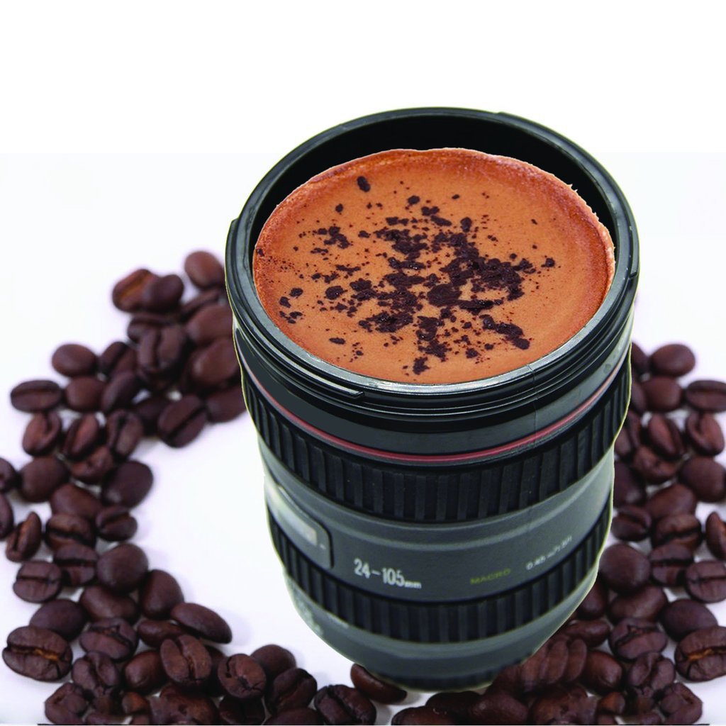 Front view of the 350ml camera lens travel mug, ideal for hot or cold beverages.