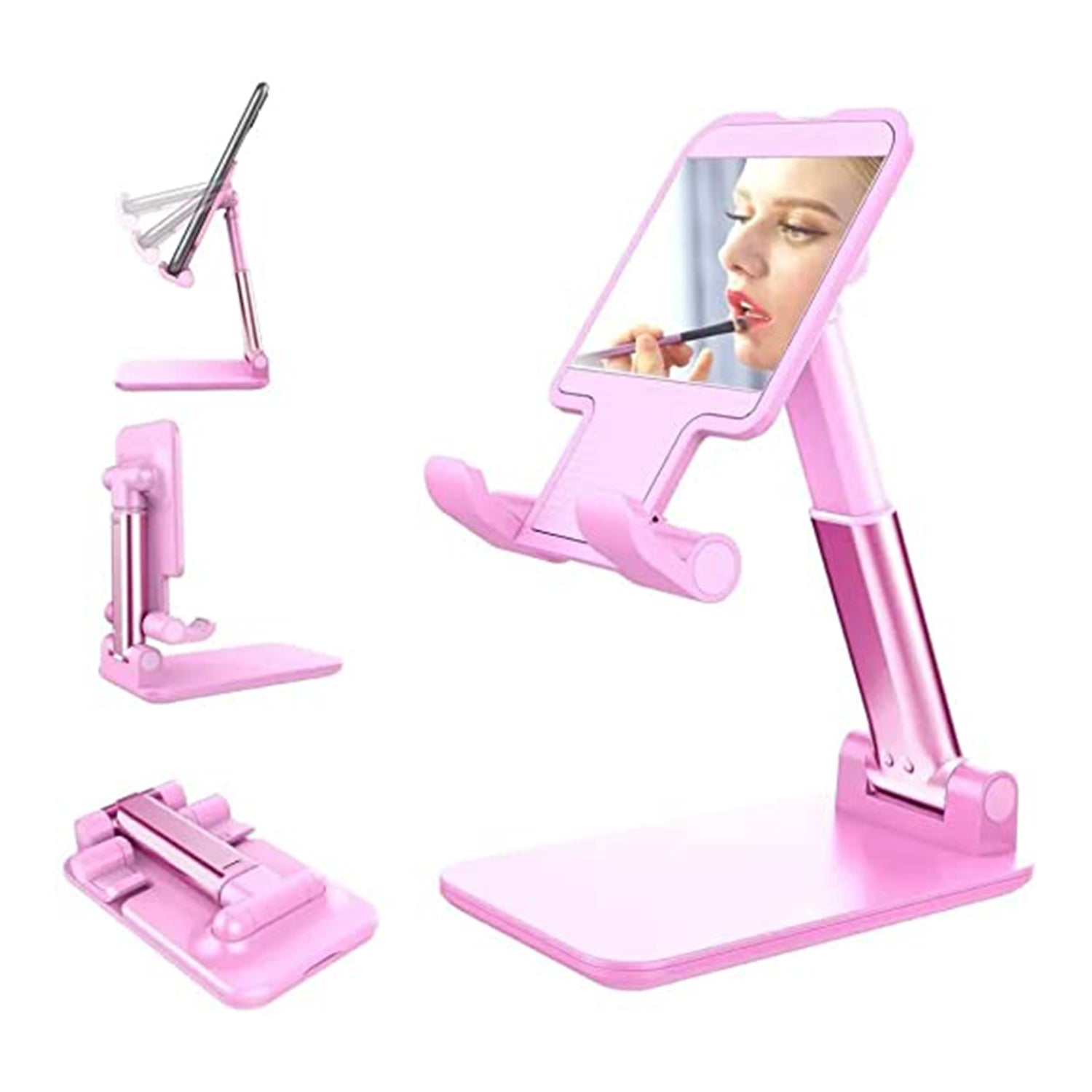 A phone stand with a mirror, adjusted to a higher position for comfortable viewing.