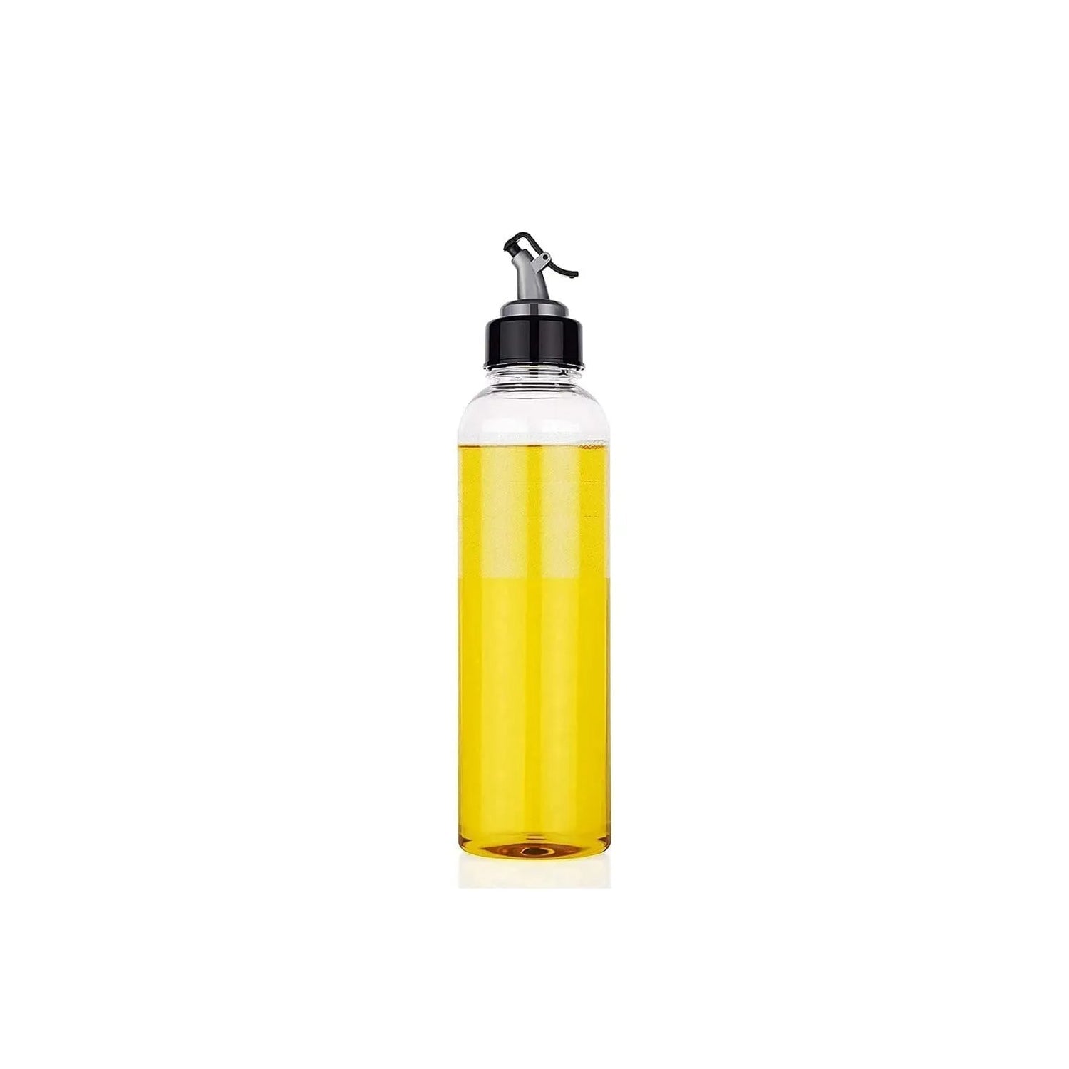 Top-down view of the 1-litre clear plastic oil dispenser with a secure lid.
