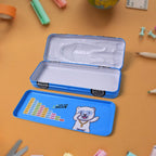 A child happily using the car shape metal pencil case at their study desk.