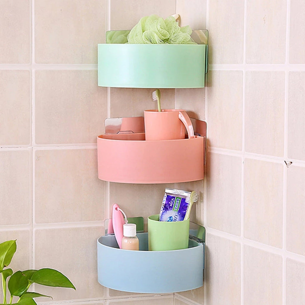 Triangle wall-mounted shower caddy for bathroom essentials.
