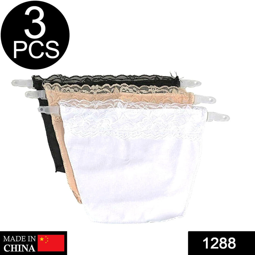Close-up of a white clip-on camisole attached to bra straps