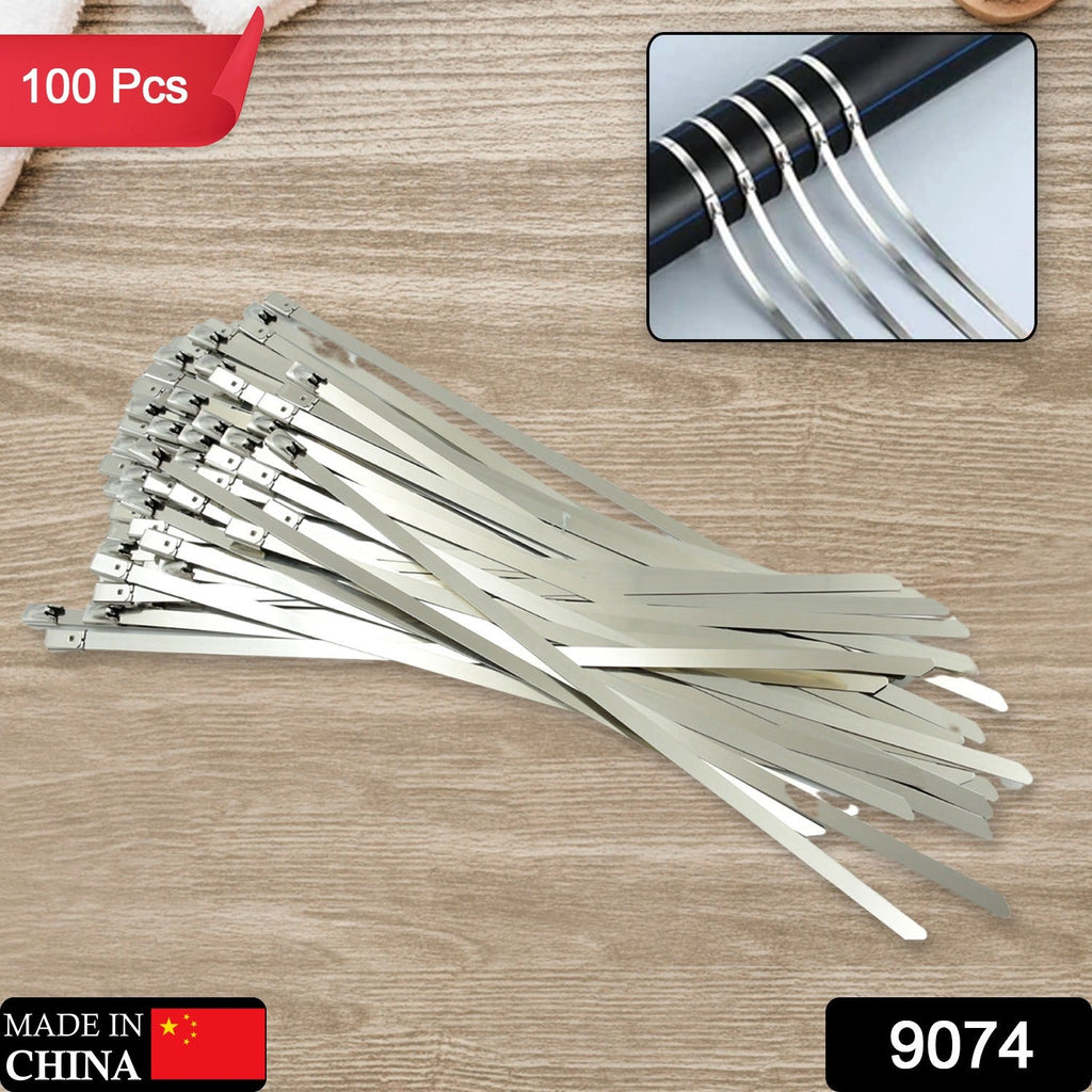 An individual 4.6x200mm stainless steel zip tie securing cables, demonstrating its self-locking mechanism.