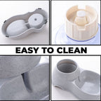 Gravity-fed pet water dispenser and food bowl combo, showing dual functionality.