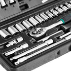 Detailed view of the various socket sizes and bits included in the versatile 46-piece set.