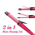 Compact and portable 2-in-1 hair straightener and curler machine.