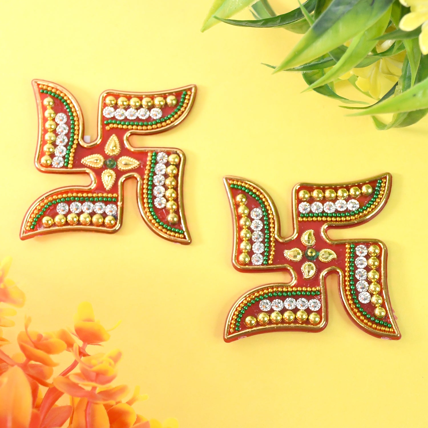 Swastik Decorative Sticker set with vibrant beads and mirror stones